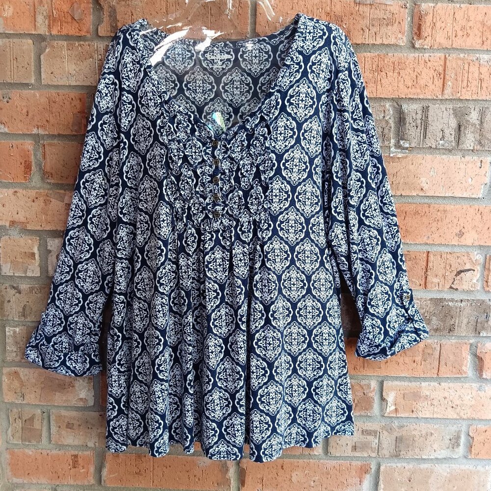 Kim Rogers Womens Top Blouse Popover 3/4 Sleeves Roll Tab Blue Size 1X